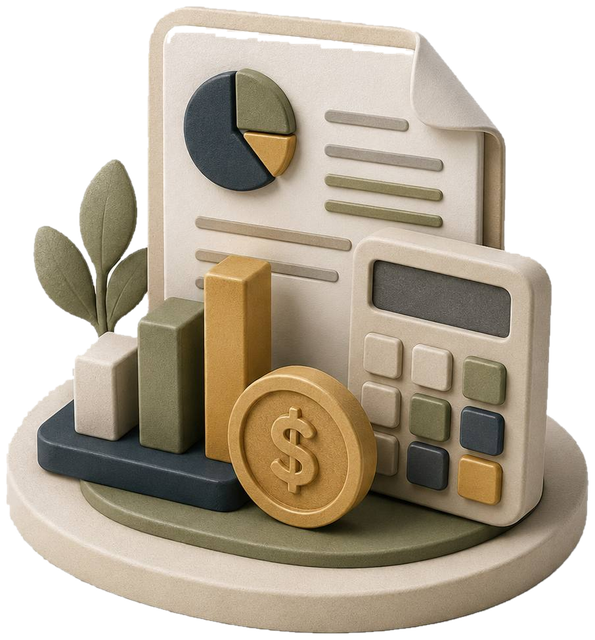 Relatório com calculadora, gráficos e moeda em estilo clay